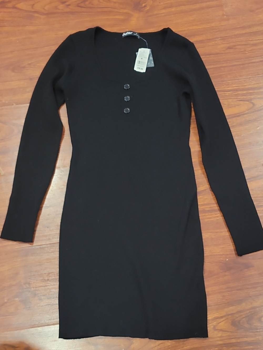Black Long-Sleeve Knit Dress with Button Detail
